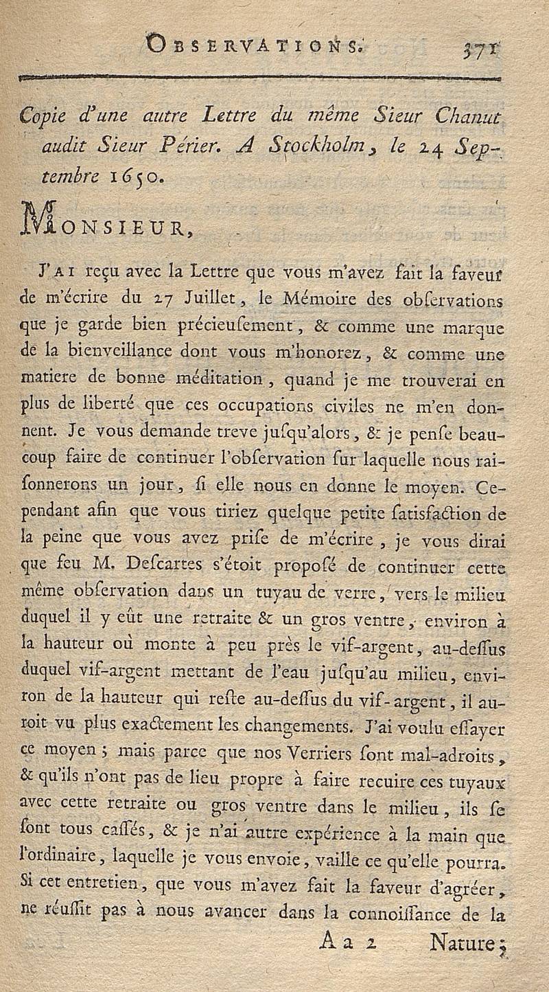  Extrait d'une lettre de Pierre Chanut à Florin Périer (Cote : Ep 0174)