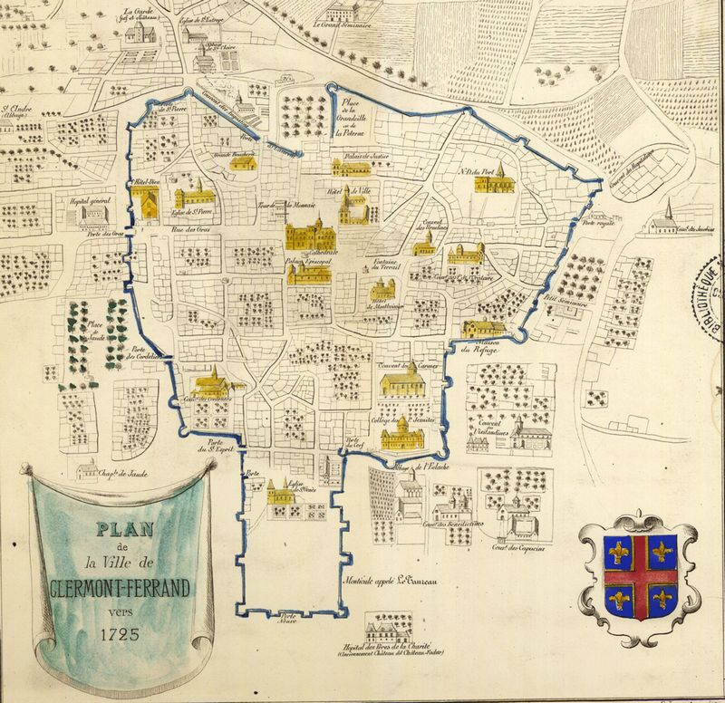 Plan de la ville de Clermont-Ferrand vers 1725 : d'après un plan manuscrit et colorié de la Bibliothèque Nationale 