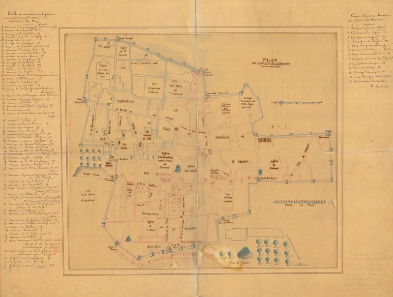 Plan de la ville de Clermont en Auvergne, copie sans date (fin XVIIe siècle ?) (cote : MAP 935, Archives départementales du Py-de-Dôme) et extraite du fonds de la famille de Champflour (cote d’origine : 2 E 506).