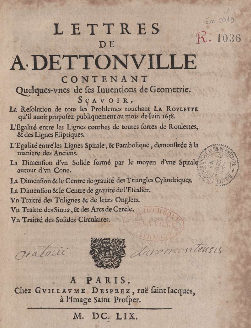 Lettres de A. Dettonville contenant quelques-unes de ses inventions de géométrie, page de titre 